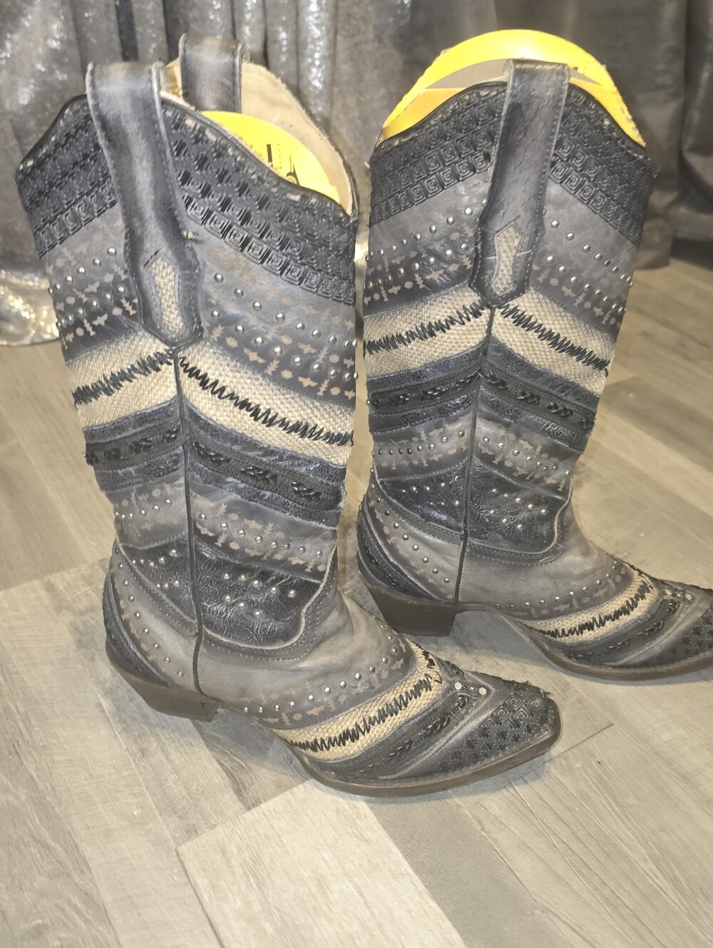 Corral Vintage Embroidered Studded Gray Black Leather Cowboy Boots